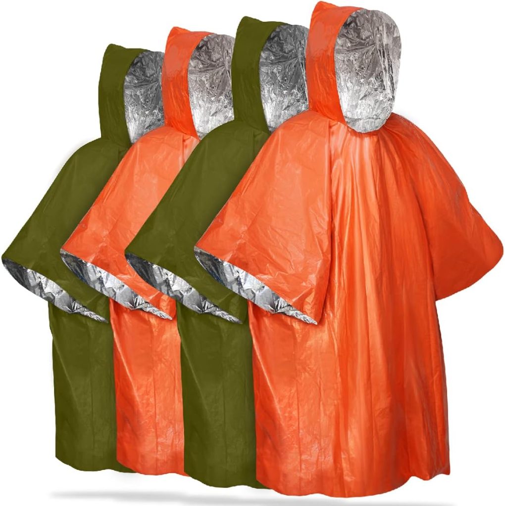 FosPower Emergency Rain Poncho [4 Pack] [Retains 90% Body Heat] Reusable Weather Resistant Raincoat for Men, Women, Adults, Camping, Hiking, Emergency Supplies  Survival Kits (Green + Orange)