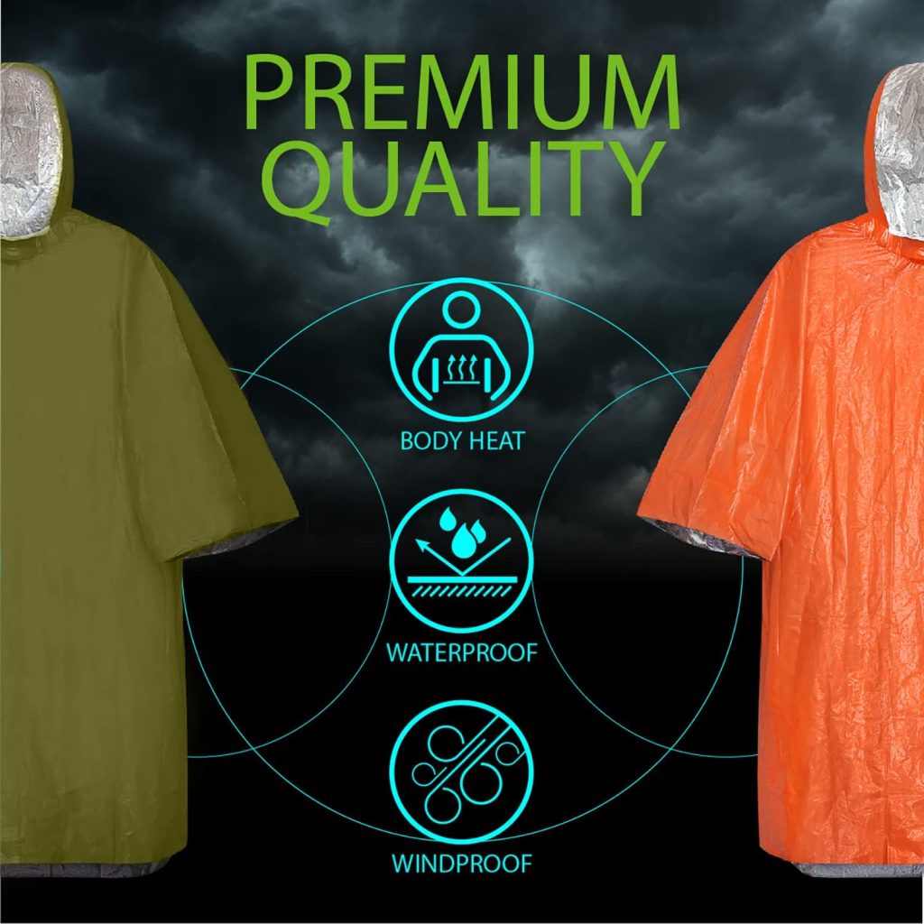 FosPower Emergency Rain Poncho [4 Pack] [Retains 90% Body Heat] Reusable Weather Resistant Raincoat for Men, Women, Adults, Camping, Hiking, Emergency Supplies  Survival Kits (Green + Orange)