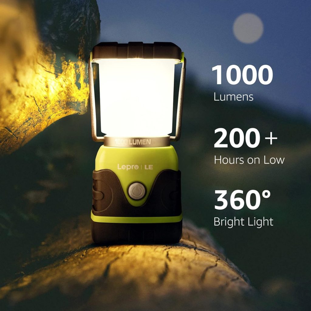 LE 1000LM Battery Powered LED Camping Lantern, Waterproof Tent Light with 4 Light Modes, Camping Essentials, Portable Lantern Flashlight for Camping, Hurricane, Emergency, Hiking, Power Outages