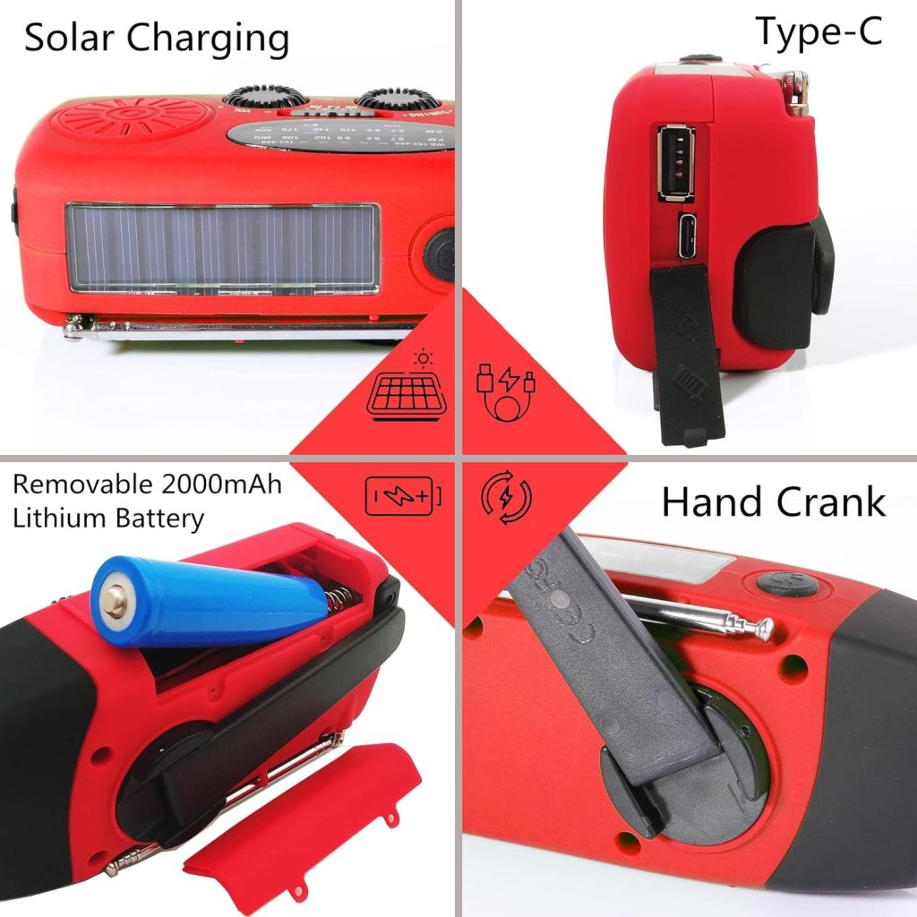 2000mAh SOS Alarm Emergency Weather Radio, 3LED Type-C Hand Crank Solar Battery Operated Wind Up Radio Flashlight, NOAA AM FM Portable Radio Cell Phone Charger Survival Kit (Red)