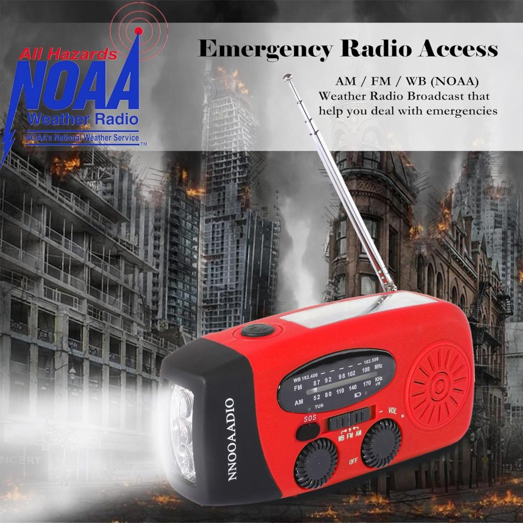 2000mAh SOS Alarm Emergency Weather Radio, 3LED Type-C Hand Crank Solar Battery Operated Wind Up Radio Flashlight, NOAA AM FM Portable Radio Cell Phone Charger Survival Kit (Red)