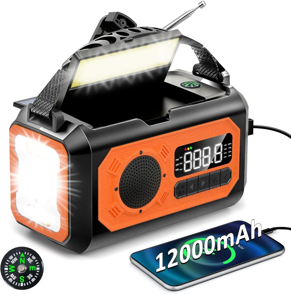 【2023 Newest】12000mAh Emergency Weather Radio, Hand Crank Radio, Portable AM/FM/NOAA Radio with 2 Solar Panels, Multi-Function Solar Radio with Flashlight Reading Lamp SOS, Compass, Power Bank(Orange)