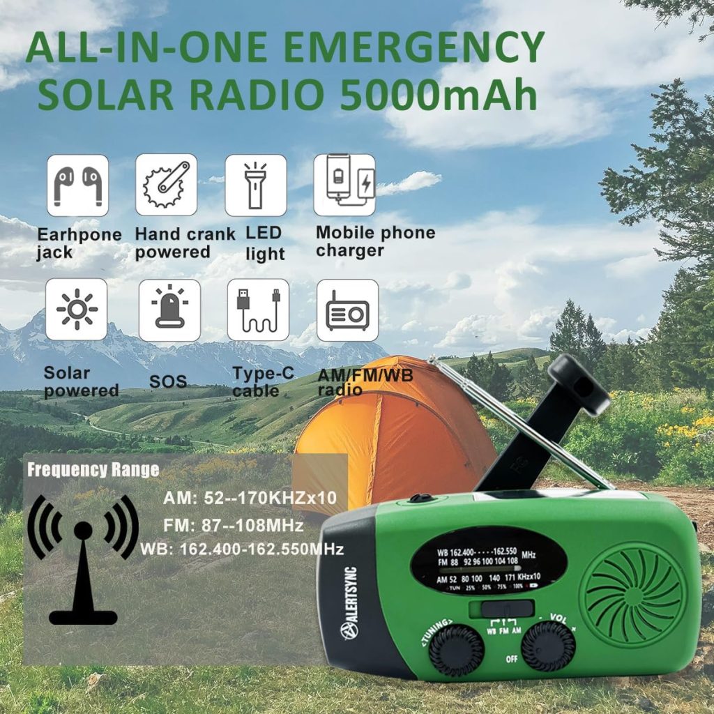 2024 Upgrade 5000mah Alertsync NOAA Weather Emergency Radio with Solar Charging, AM FM Hand Crank Windup Radio SOS Alarm LED Flashlight with Earphone Jack for Home, Camping, Survival Hurricane (Green)