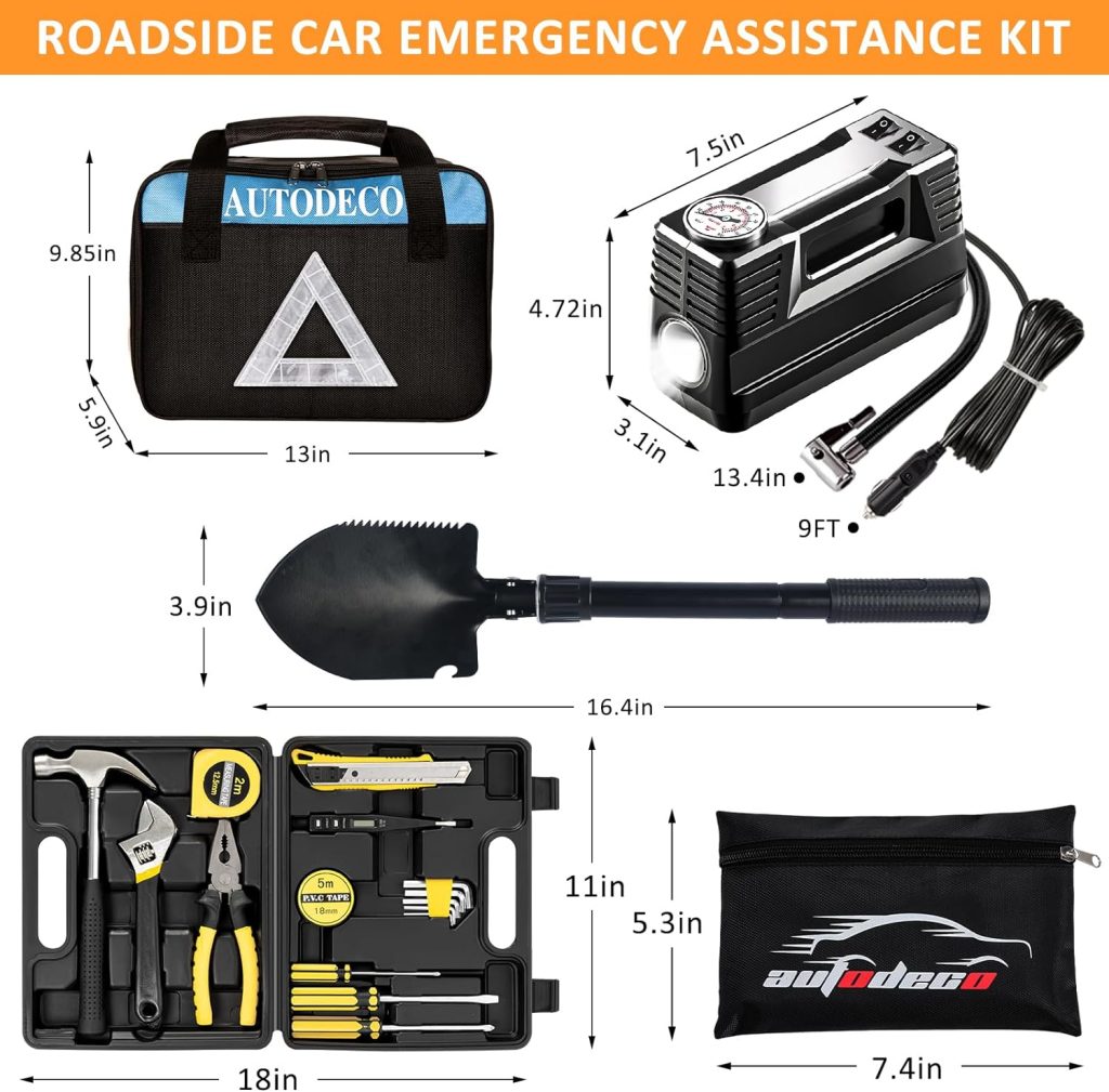 AUTODECO 105 PCS Roadside Car Emergency Assistance Kit with Portable Air Compressor Jumper Cables