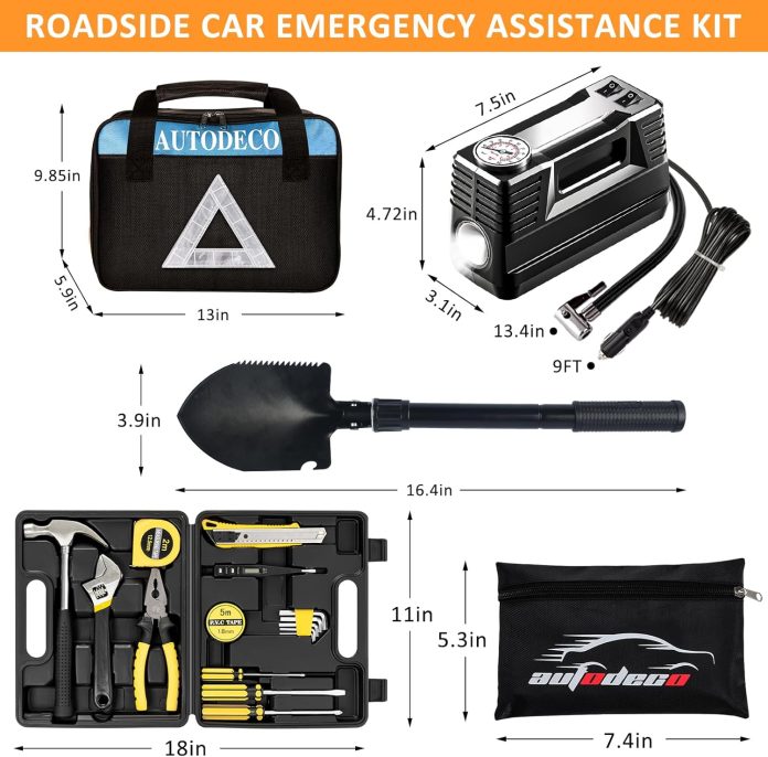 autodeco 105 pcs roadside car emergency assistance kit with portable air compressor jumper cables 1