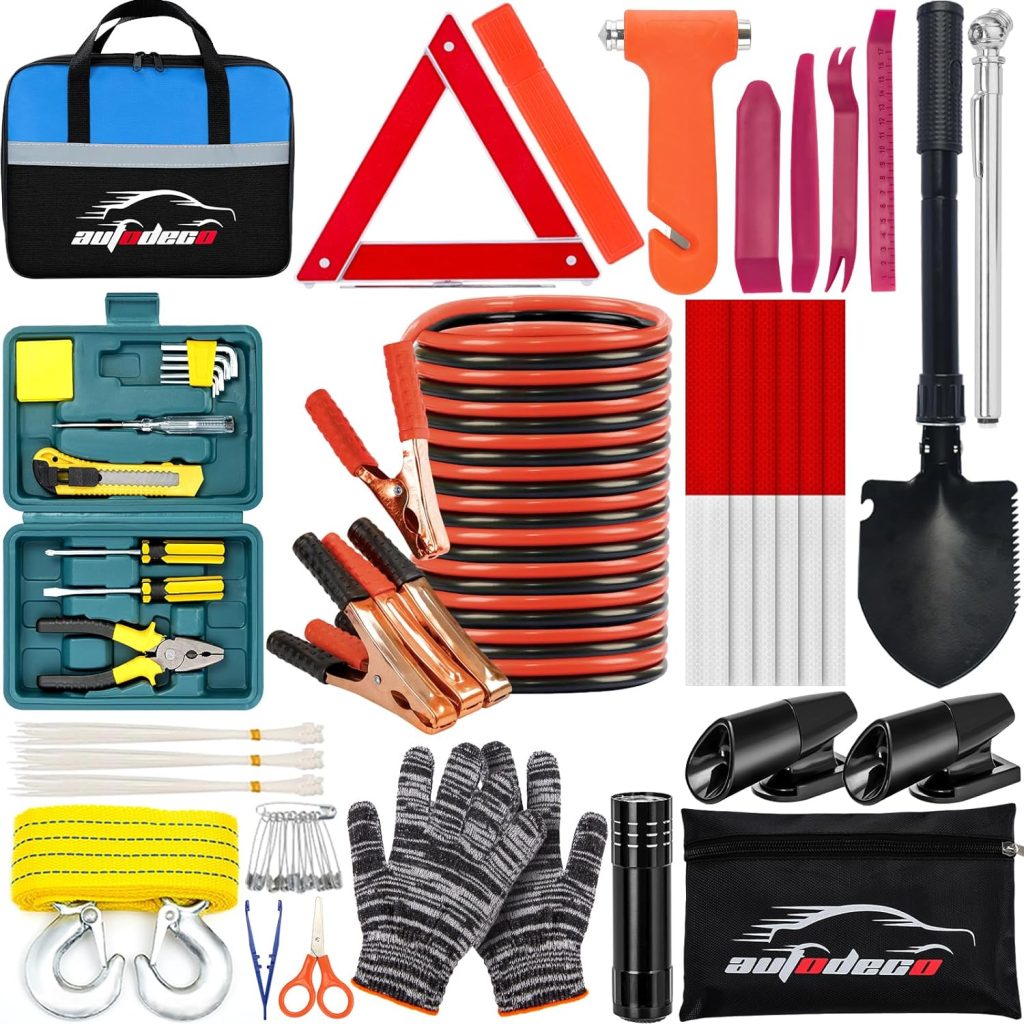 AUTODECO Car Emergency Roadside Tool Kit Safety Assistance Kit Auto Truck Vehicle Emergency Kit with Shovel Jumper Cable First Aid Kit Trim Removal Tool