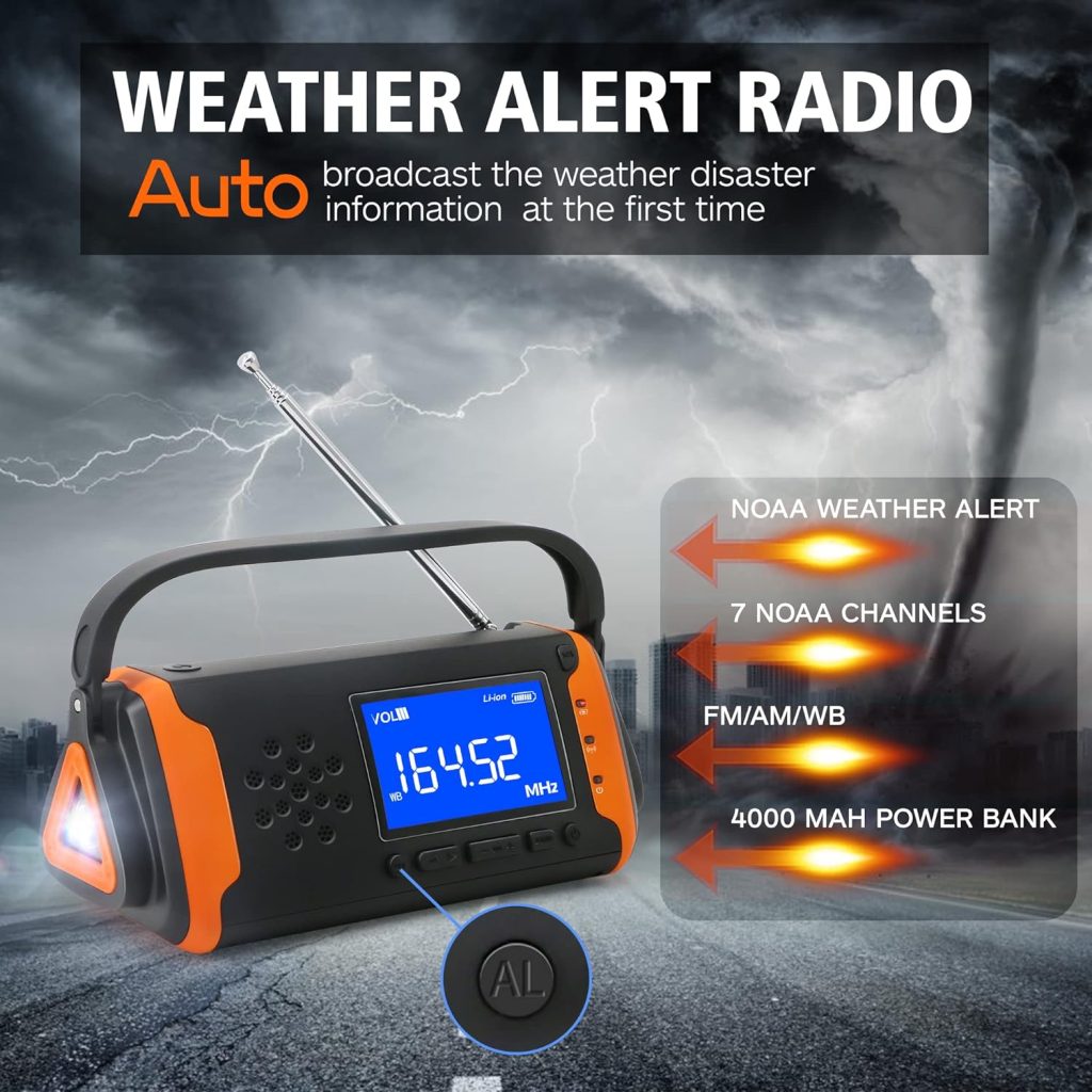 DaringSnail 4000mAh Emergency NOAA Weather Alert Radio, Hand Crank Solar Radio with Battery Operated, LCD Display, AUX Music Play, Flashlight, SOS Alarm, Emergency Phone Charger for Outdoor Emergency