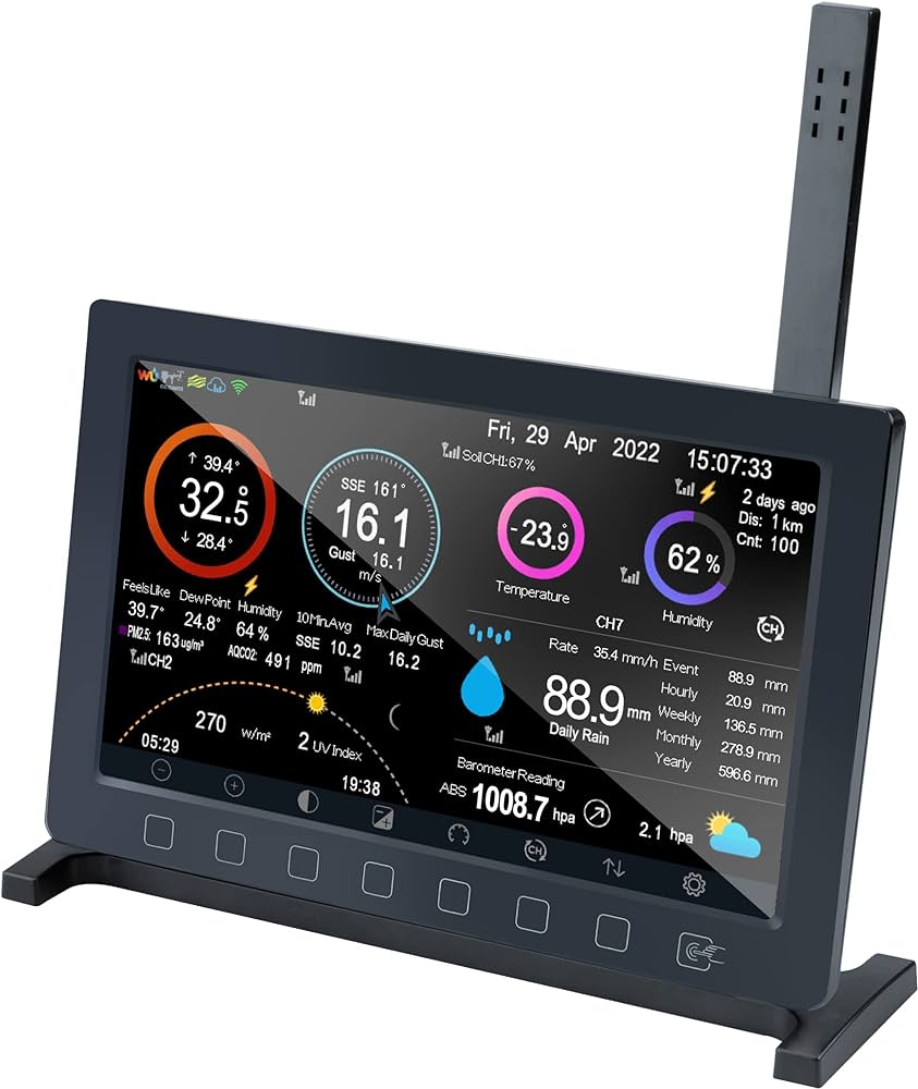 Ecowitt HP2560 Wi-Fi Weather Station, 7 Inch Large TFT Display Console, with Indoor TempHumidity Sensor Antenna, Supports Ecowitt Various Sensors, Touch Buttons, Backlight Operation, 915 MHz