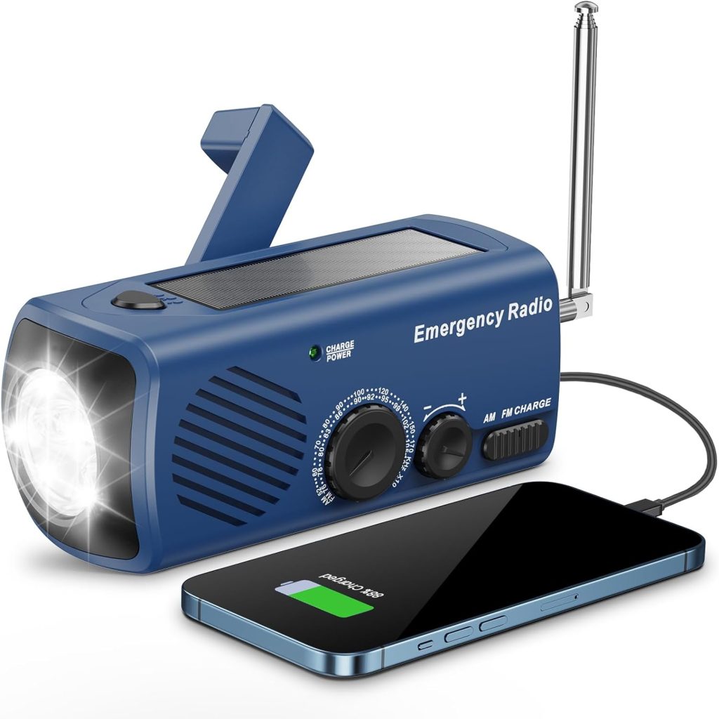 Emergency Hand Crank Radio AM/FM with LED Flashlight, Portable Weather Radio with Solar Charging Manual Crank and Battery Operation, Mergency Phone Charging for Home Outdoor Camping（Blue）