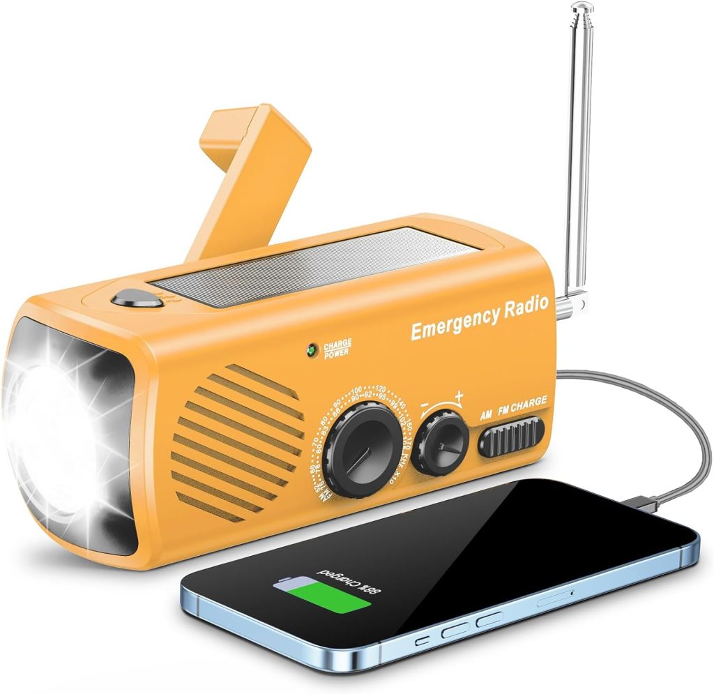 Emergency Hand Crank Radio AM/FM with LED Flashlight, Portable Weather Radio with Solar Charging Manual Crank and Battery Operation, Mergency Phone Charging for Home Outdoor Camping（Blue）