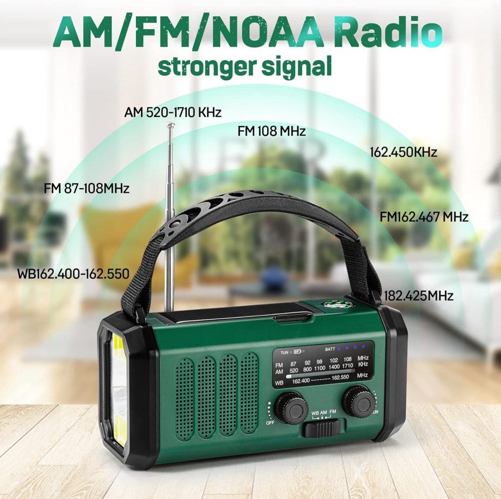 Emergency Hand Crank Radio with 10000mAh Battery Backup, NOAA/AM/FM Weather Radio, Type-C Charge,Solar Charging,SOS, 3 Modes LED Torch, Reading Lamp, Compass for Outdoor Survival