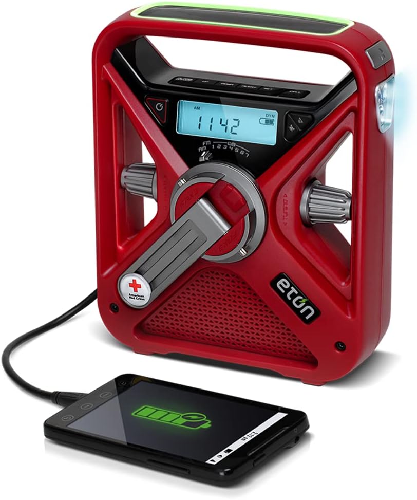 Eton - American Red Cross FRX3+ Emergency NOAA Weather Radio, Red, Digital Display, Hand Turbine, Solar Power, Red LED Flashing Beacon, 7 NOAA/Environment Canada Weather Bands, Phone Charger