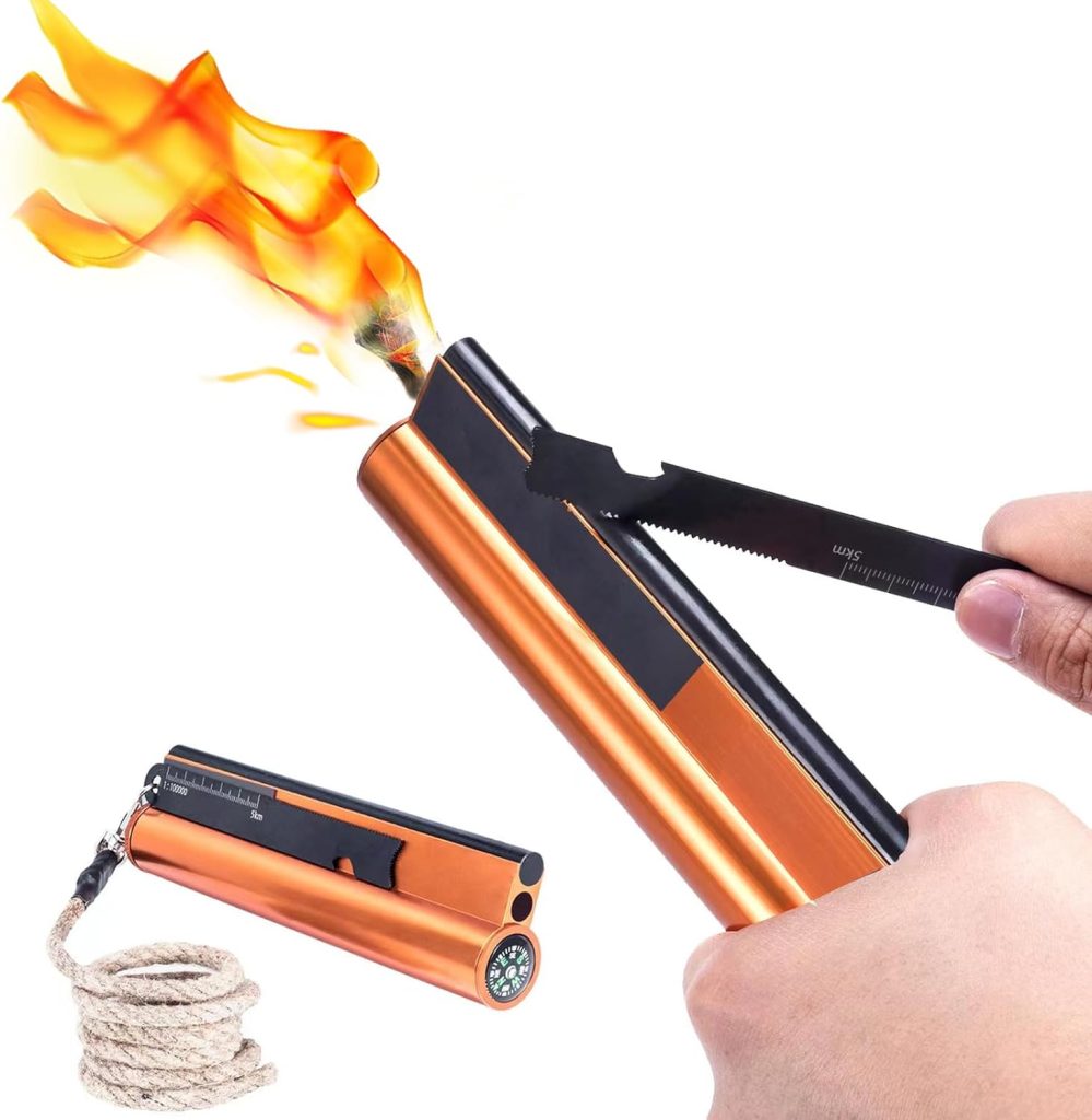 Fire Starter with Compass, Survival Tool Fire Starter Kit, Waterproof Tinder Wick Rope Fire Starter, All-Weather Magnesium Ferro Rod Fire Starter