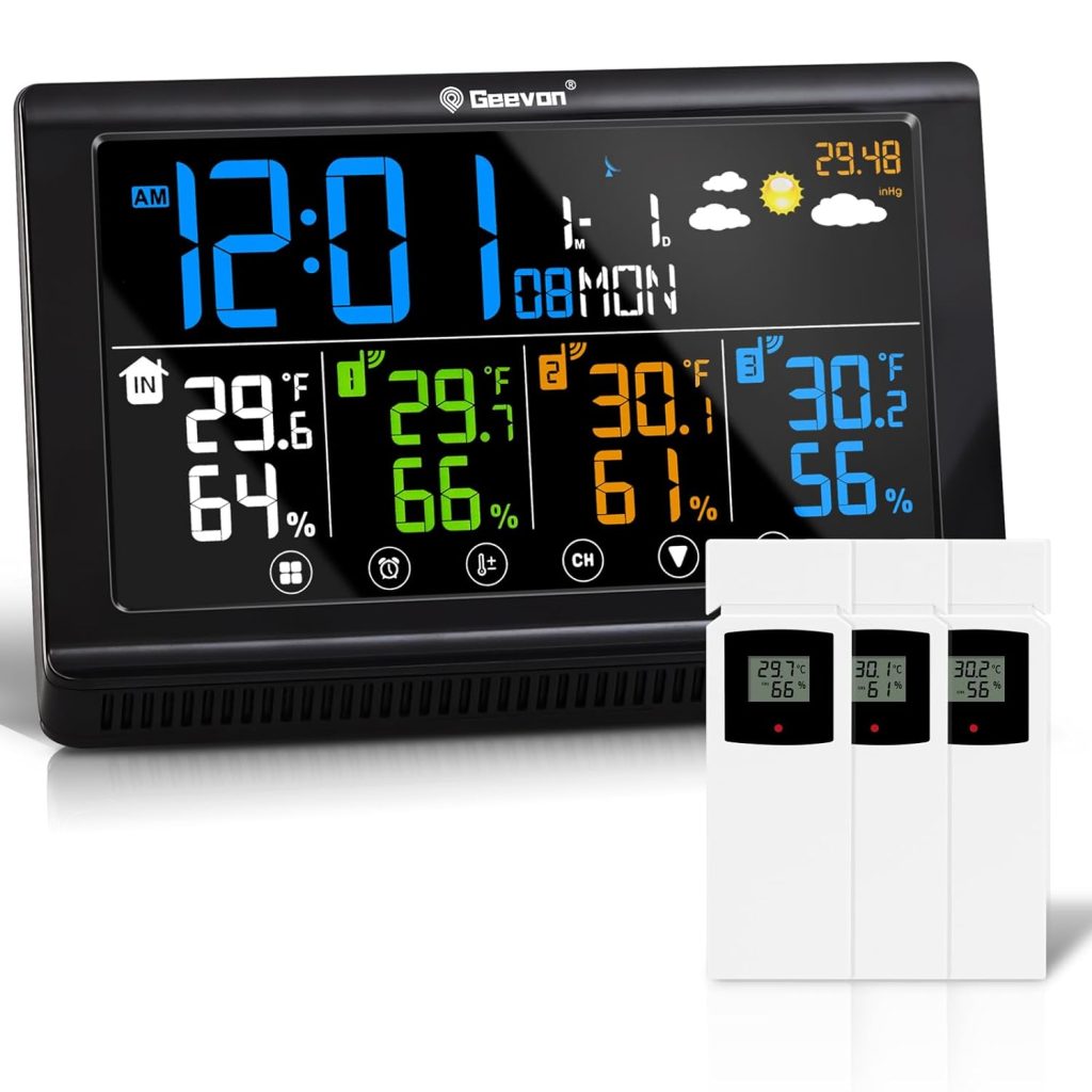 Geevon Indoor Outdoor Weather Station, Color Digital Weather Thermometer Wireless with 3 Remote Sensors,Barometer,USB Charge Adjustable Backlight Temperature Humidity Monitor Gauge
