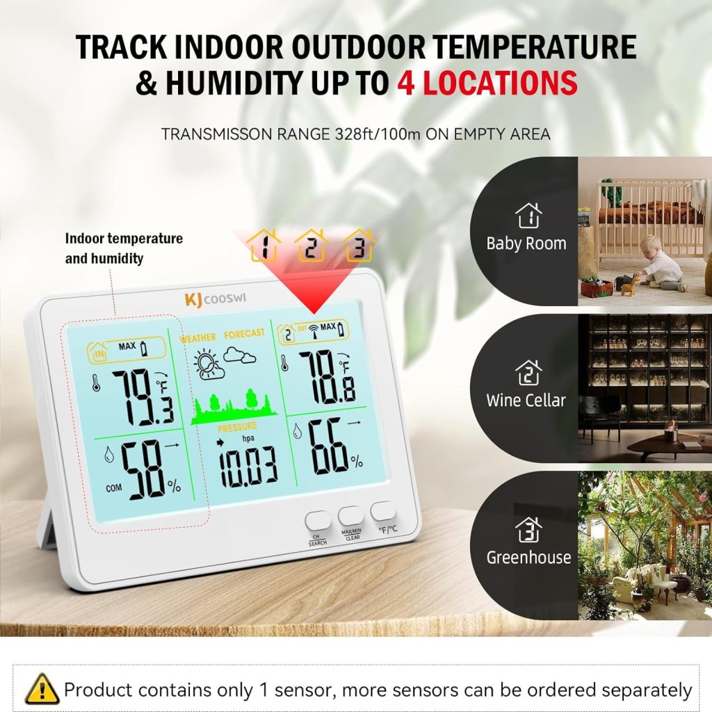 Indoor Outdoor Thermometer and Hygrometer Wireless Weather Stations with 328ft/100m Range, Temperature and Humidity Monitor with Barometer (Black)