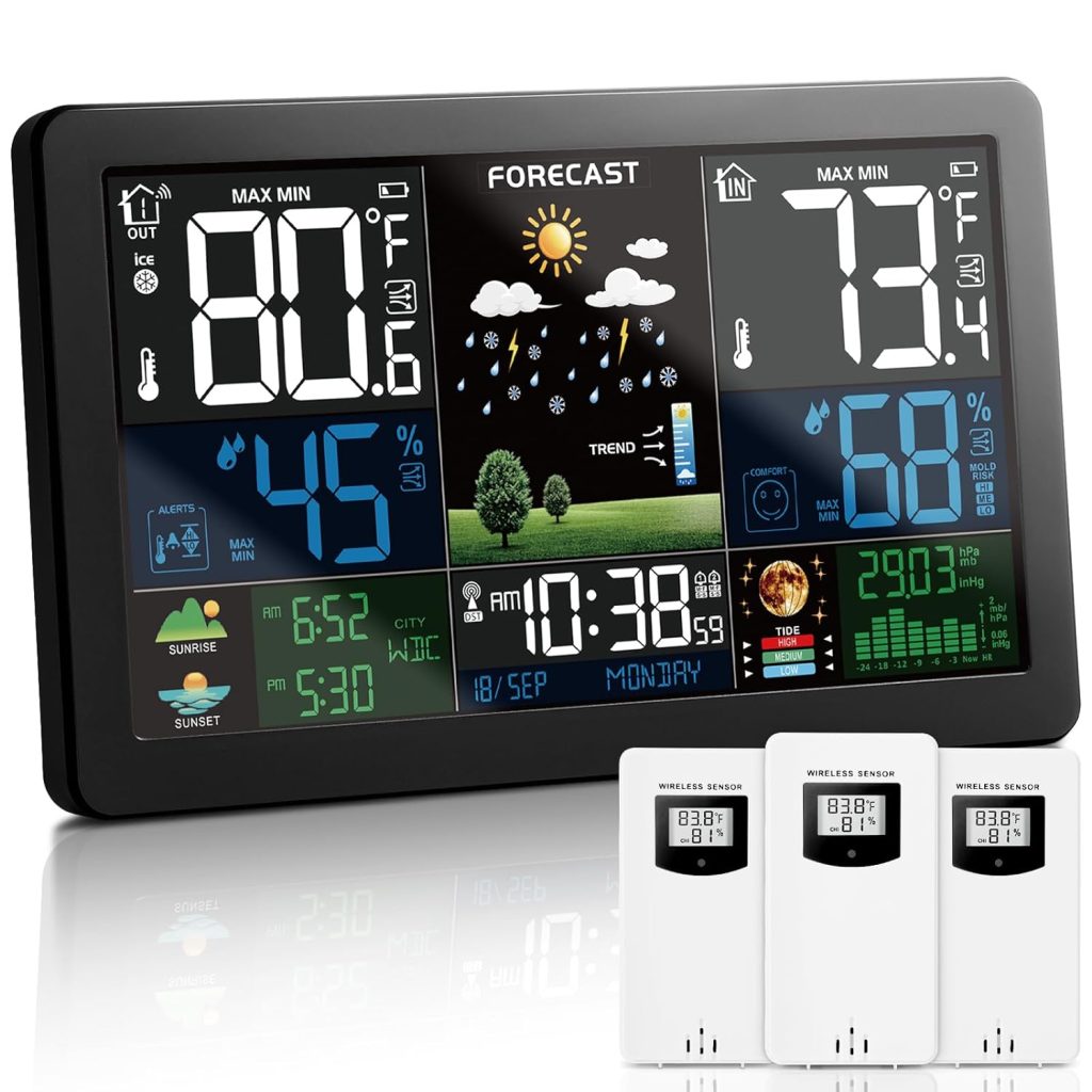 KALEVOL Weather Station Wireless Indoor Outdoor Thermometer with 3 Remote Sensors and Color Display Atomic Clock, Weather Thermometer Forecast Station with Sunrise Sunset Time and Tide Level