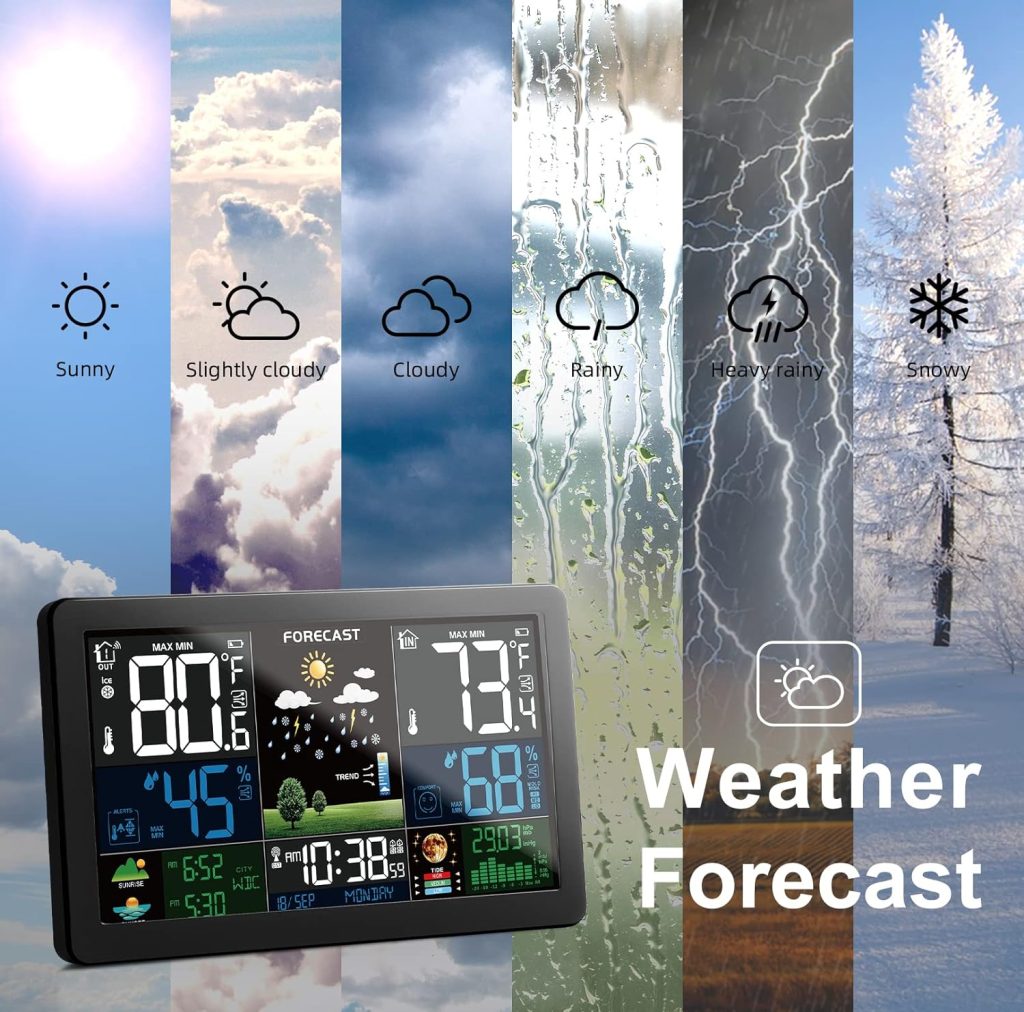 KALEVOL Weather Station Wireless Indoor Outdoor Thermometer with 3 Remote Sensors and Color Display Atomic Clock, Weather Thermometer Forecast Station with Sunrise Sunset Time and Tide Level