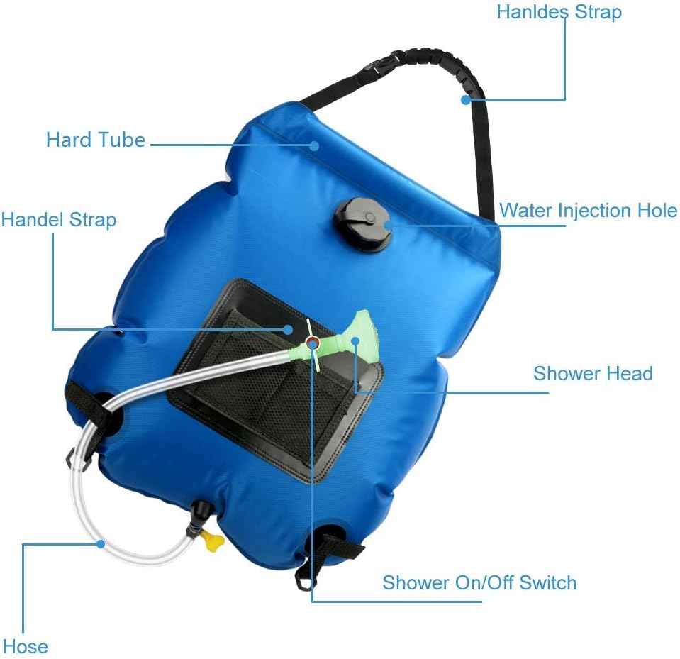 KIPIDA Solar Shower Bag | 5 Gal/20L Solar Heating Camping Shower Bag | Removable Hose | On-Off Switchable Shower Head | Ducha Portatil | Traveling Shower | Portable Shower for Beach Swimming, Hiking