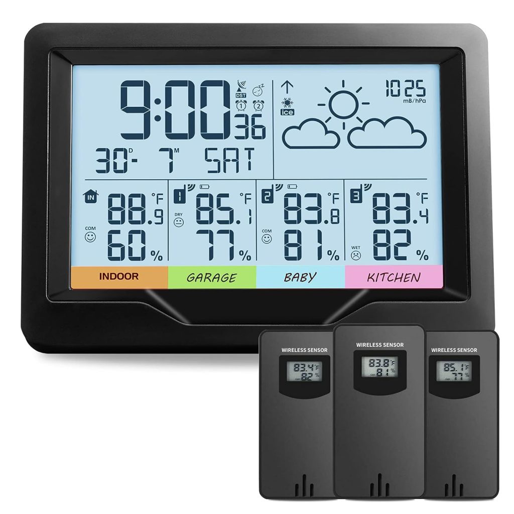 Oule GmbH Weather Stations Indoor Outdoor Thermometer Wireless Temperature Humidity Monitor with Digital Atomic Clock, Weather Station with Multiple Sensors