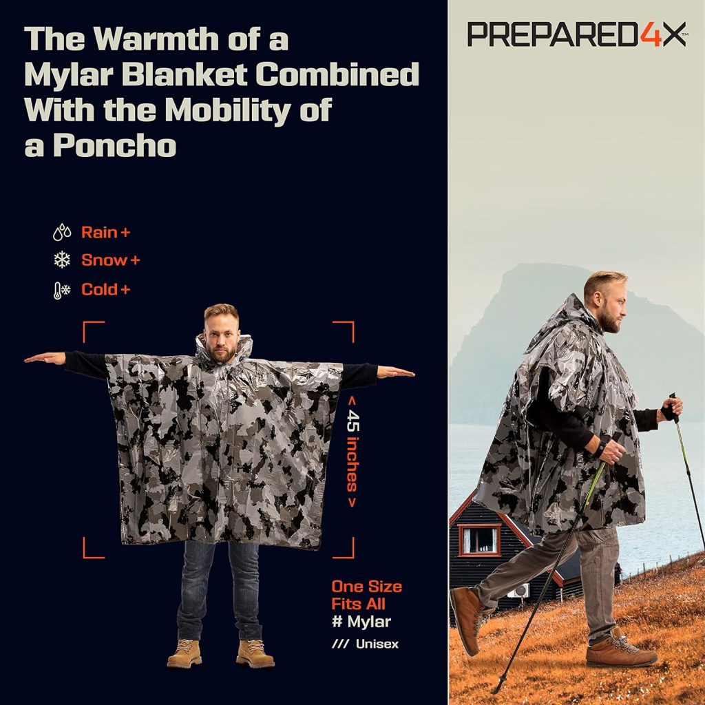 PREPARED4X Emergency Rain Poncho with Mylar Blanket Liner - Survival Blankets for Car - Heavy Duty, Waterproof Camping Gear