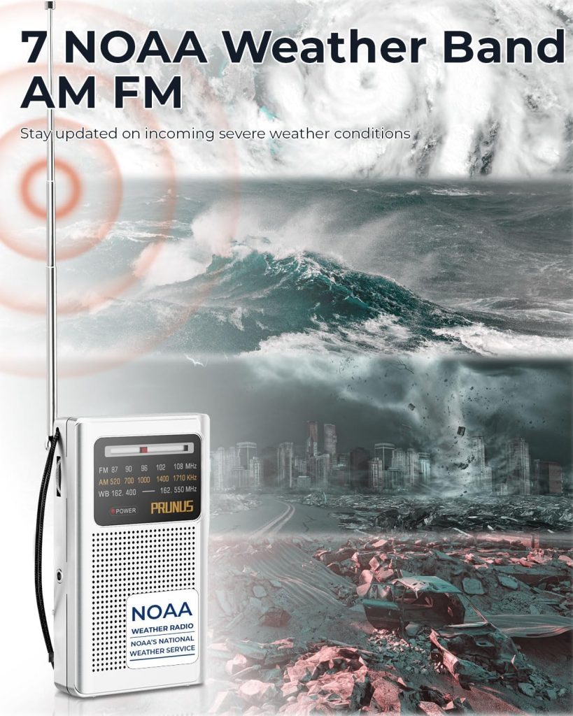 PRUNUS NOAA Weather Radio AM FM, Battery Powered Radio by AA, Transistor Radio, Earphone Jack, Portable Radio AM FM WB for Emergency, Hurricane, Floods, snowstorms