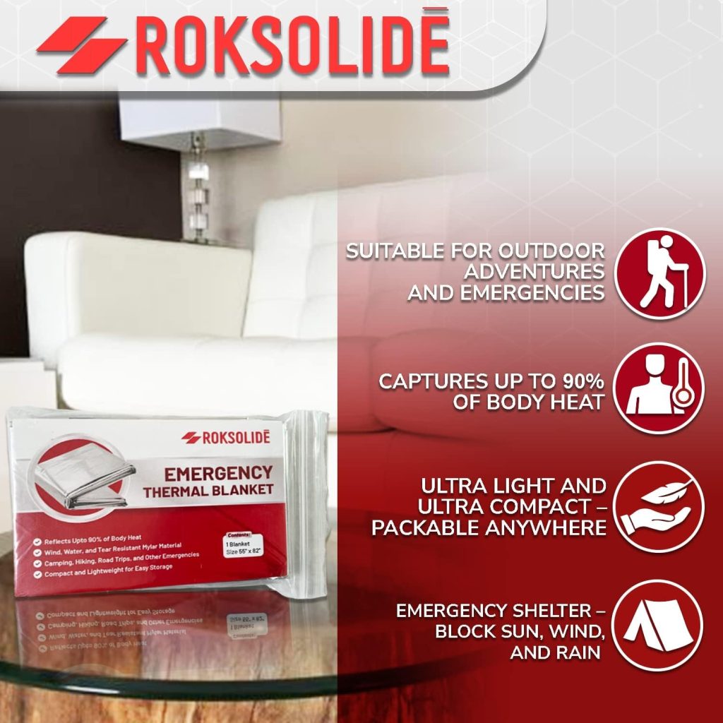 ROKSOLIDE Emergency Blankets | Mylar Thermal Blanket, Essential Survival Gear for Emergency Kits. Ultralight Reflective Foil Blanket for Camping or Cold Weather. Size 55 x 82, Silver, 8-Pack