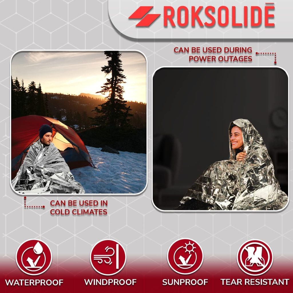 ROKSOLIDE Emergency Blankets | Mylar Thermal Blanket, Essential Survival Gear for Emergency Kits. Ultralight Reflective Foil Blanket for Camping or Cold Weather. Size 55 x 82, Silver, 8-Pack
