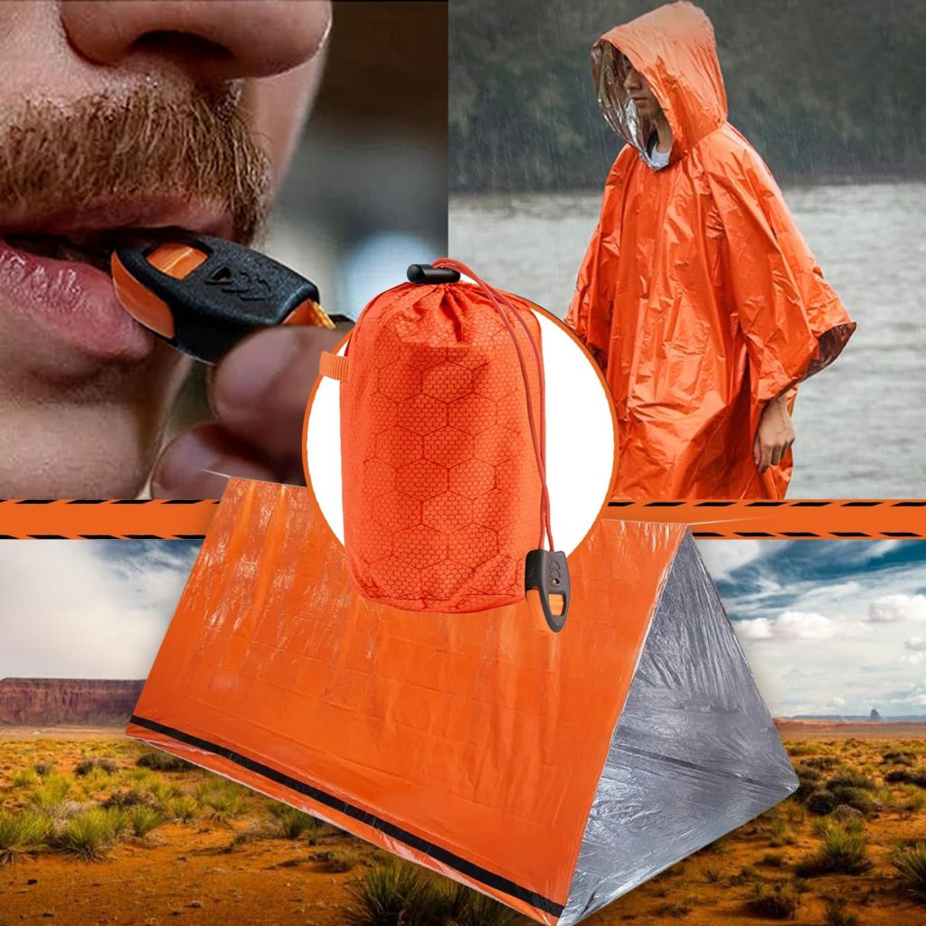 TOPACIO Survival Tent - Emergency Ponchos with Hood - Hiking Survival Kit - Tactical Tent - Kit Camping,  Outdoor - Includes Tent, Rain Poncho, Whistle, Bags - Thermal Poncho - Emergency Shelter