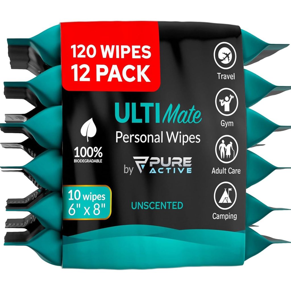Ultimate Shower Travel Body and Face Wipes 120 Wipes 6x8, Biodegradable Personal Hygiene Body Cleansing Wipes for Men for After Gym Travel Camping Adult Bathing Wipes,Unscented