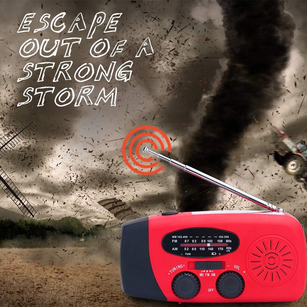 Upgraded Emergency Solar Weather Radio Hurricane Supplies Earthquake Kit Hand Crank Self Powered AM/FM/WB NOAA Wind up Survival Radios LED Flashlight 2000mAh Power Bank for iPhone Smart Phone (Red)