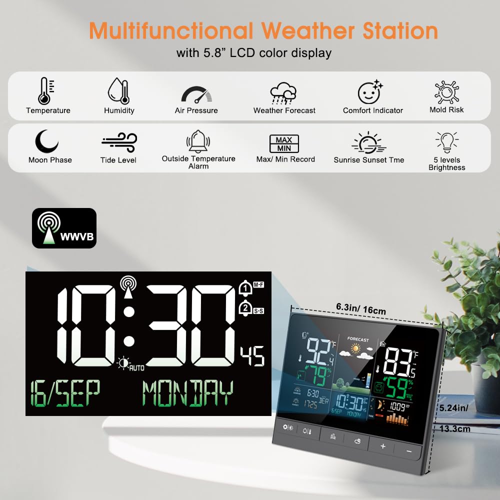 Uzoli Weather Station Wireless Indoor Outdoor, Temperature Humidity Monitor with Sensor, Weather Thermometer with Atomic Clock, Sunrise Sunset Time, Tide Level, Weather Forecast for Home