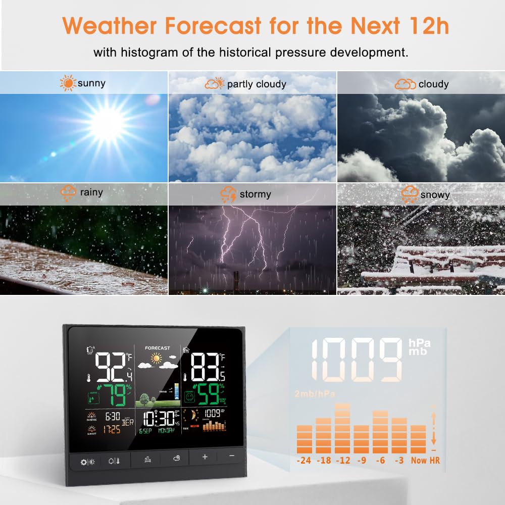 Uzoli Weather Station Wireless Indoor Outdoor, Temperature Humidity Monitor with Sensor, Weather Thermometer with Atomic Clock, Sunrise Sunset Time, Tide Level, Weather Forecast for Home