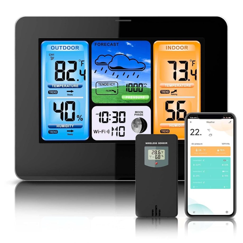 Weather Station, Wireless Indoor Outdoor Thermometer with LCD Digital Display, Outdoor Sensor, Smart Home Weather Station with App, Moon Phase, Real- time Forecast etc.