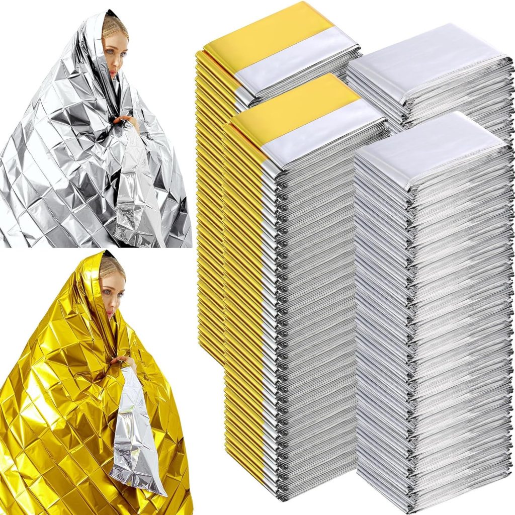 100 Pack Emergency Foil Thermal Blankets for Survival 82 x 63 Foil Space Blanket Survival Kit for Outdoors Camping Hiking Homeless Survival or First Aid, 50 Pcs Golden 50 Pcs Silver